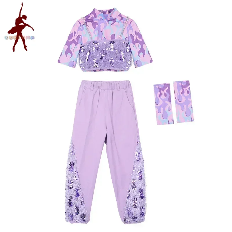 Kinder Street Hip Hop Mädchen Crop Top Lila Pailletten Jacke Jogger Kleidung Outfit Kind Mode Kostüm Teen Street Dance Hosen