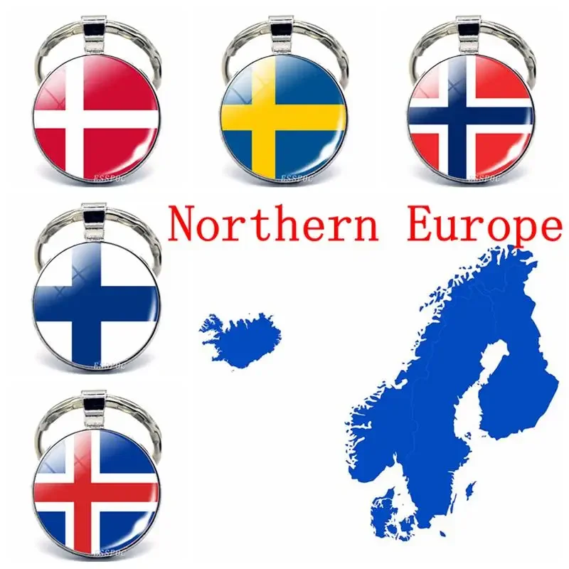 Northern Europe: Denmark Sweden Finland Norway Iceland Flag Key Chain Glass Jewelry Keychain Pendant Patriot National Day Gifts