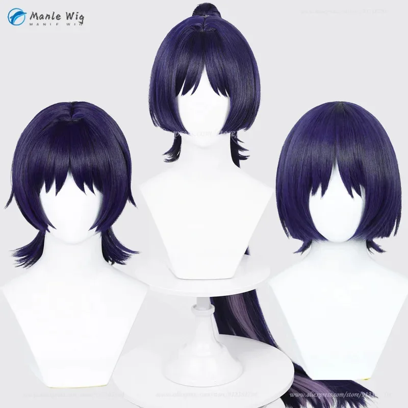 게임 Scaramouche Wanderer Balladeer 코스프레 진한 파란색 보라색 짧은 애니메이션 내열성 합성 머리 + 가발 모자 f.;78;hbo