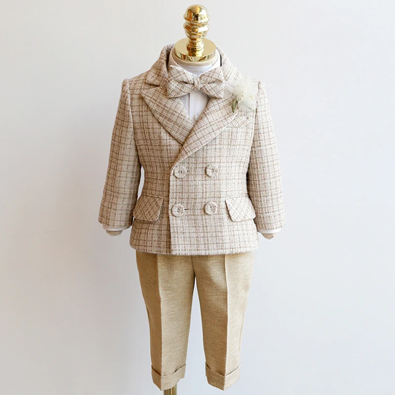 Children's Houndstooth Formal Suit Set Boys Wedding Birthday Party Champagne Costume Kids Double Breasted Blazer Pants Clothes