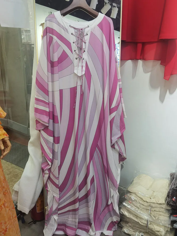 JUNLINNA  Fashion Robe Dress V Neck Bandage Geometric Printing Party Holiday Long Loose Vestidos Women