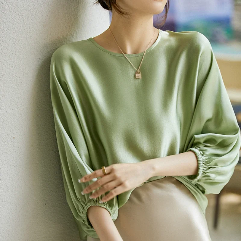 Office Lady Solid Color Tops Korean Fashion O-Neck Shirt Elegant Summer Batwing Sleeve Silk Satin Shirt Loose Clothes 27195