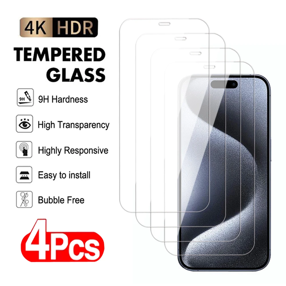 4Pcs Screen Protector On For iPhone 12 13 14 15 Plus Pro Max Tempered Glass For iPhone 13 12 Mini Transparent Protective Film