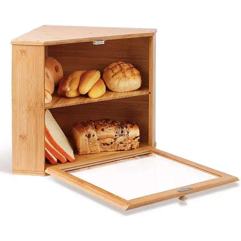 Kitchen Counter Double Layer Bamboo Corner Bread Box Bamboo Bread Box Transparent Home Food Storage Box