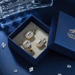 LUYIN New Arrival Blue Main Stone Fashion Jewelry Earrings Ring Set For Women Copper Plated 14K Gold 2 Color Party Weddiing Gift