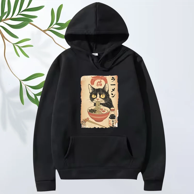 

Ramen Cat hoodie Japanese Style Black Cat Eating Ramen Grpahic men women Long sleeve streetwear print oversized hoodie unisex