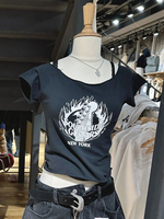 American Vintage Graphic Print Slim Crop Top Women Slash Neck Summer Cotton Short Sleeve T-shirt Casual Streetwear Y2k Tees Tops