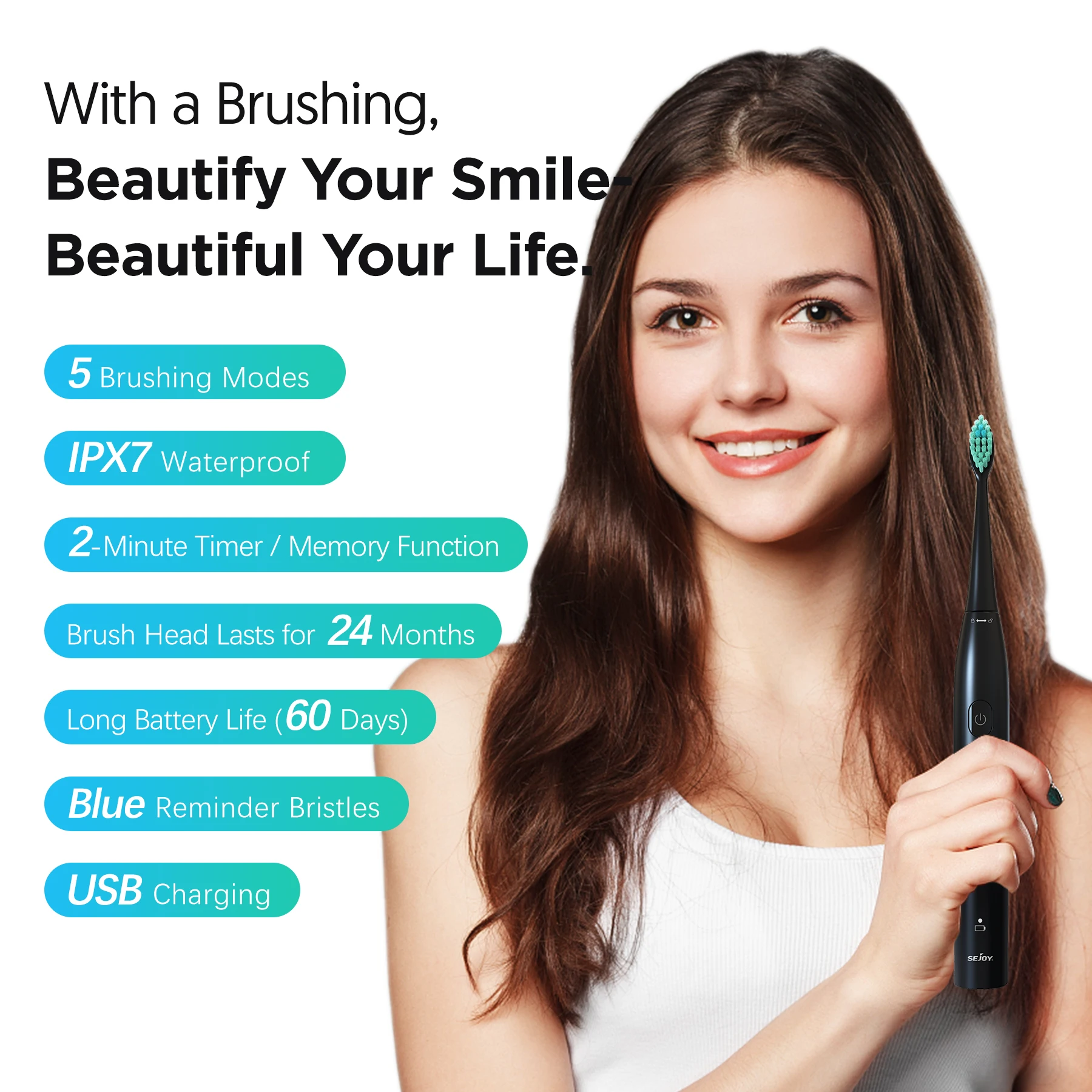 Sejoy Electric Toothbrush Whitening Tooth 7 Cleaning Modes for Dental Care Sonic Toothbrush , 2 minutes Smart Timer , IPX7