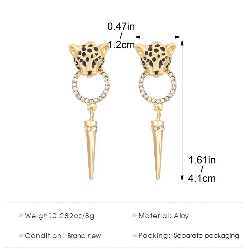 Hip Hop Leopard Head Stud Earrings for Women Punk Statement Jewelry Shiney Crystal Circle Cone Pendant Drops Charm Party Gift