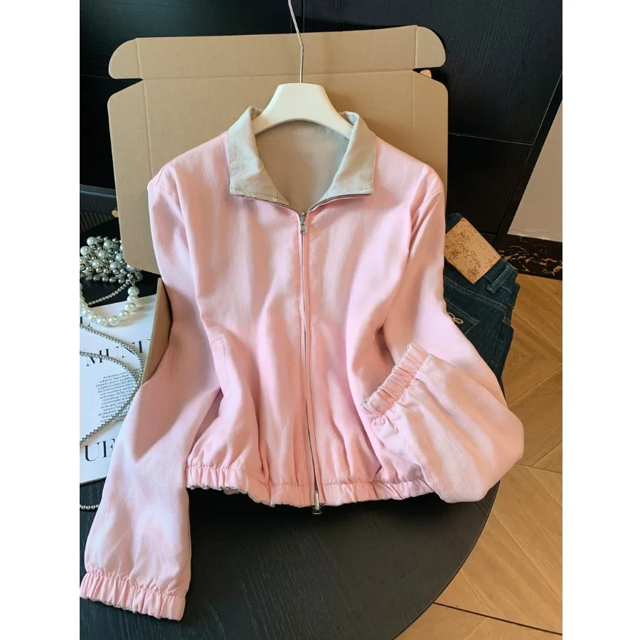 Pink Casual Cotton Linen Stand Collar Zipper Jacket Women's Short Top Double Sided Design Autumn Fashion Moneyed Style