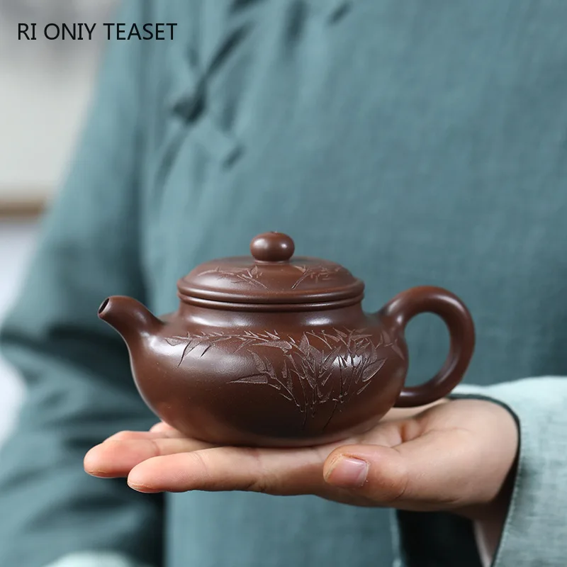 200ml Chinese Yixing Handmade Purple Clay Teapots Famous Hand-carved Bamboo Leaves Tea Pot Beauty Kettle Zisha Tea Set Teaware