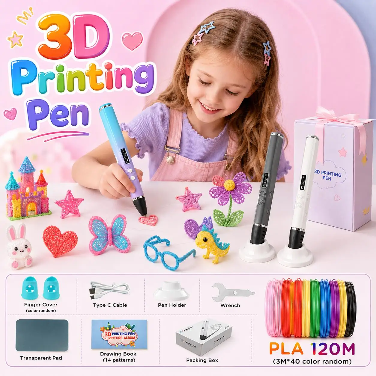 3D Printing Pen Kids with Type-C Charge OLED Display 40 Colors PLA Filament 3D Doodle Pen DIY Craft Boys Girls Holidays Gifts