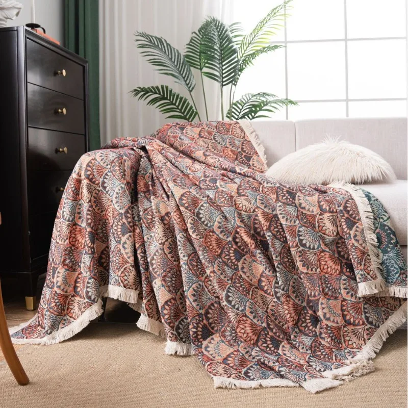 Bohemian Sofa Towel Contrasting Color Fringed Sofa Cover Jacquard All-inclusive Slipcover for Livingroom Decoration