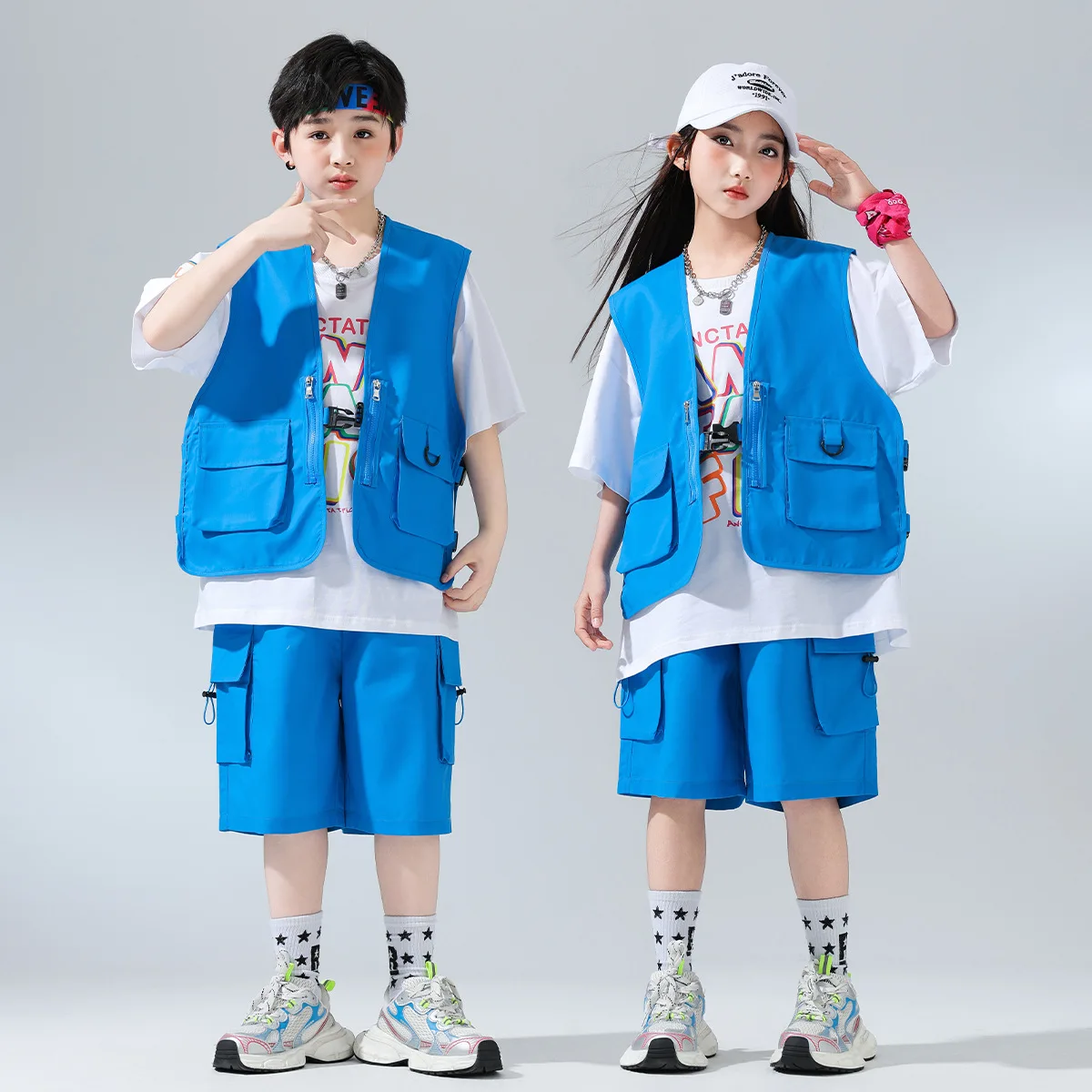 

Kid Hip Hop Clothing Blue Sleeveless Jacket Vest Top T Shirt Casual Summer Cargo Shorts for Girl Boy Jazz Dance Costume Clothes