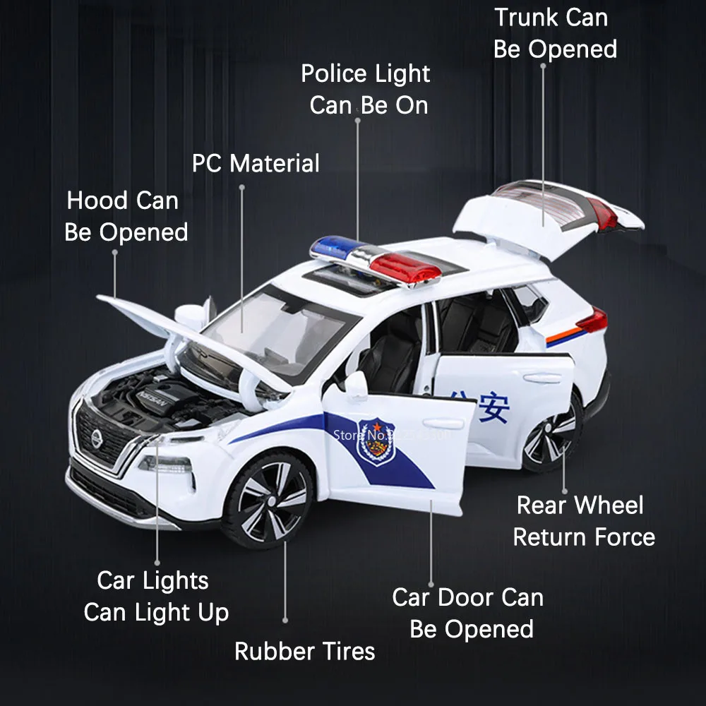 Modèle de voiture de police X-Trail, échelle 1:32, jouet musical, portes ouvertes, sécurité publique, modèles de véhicules à nervures arrière, collection de cadeaux pour garçons