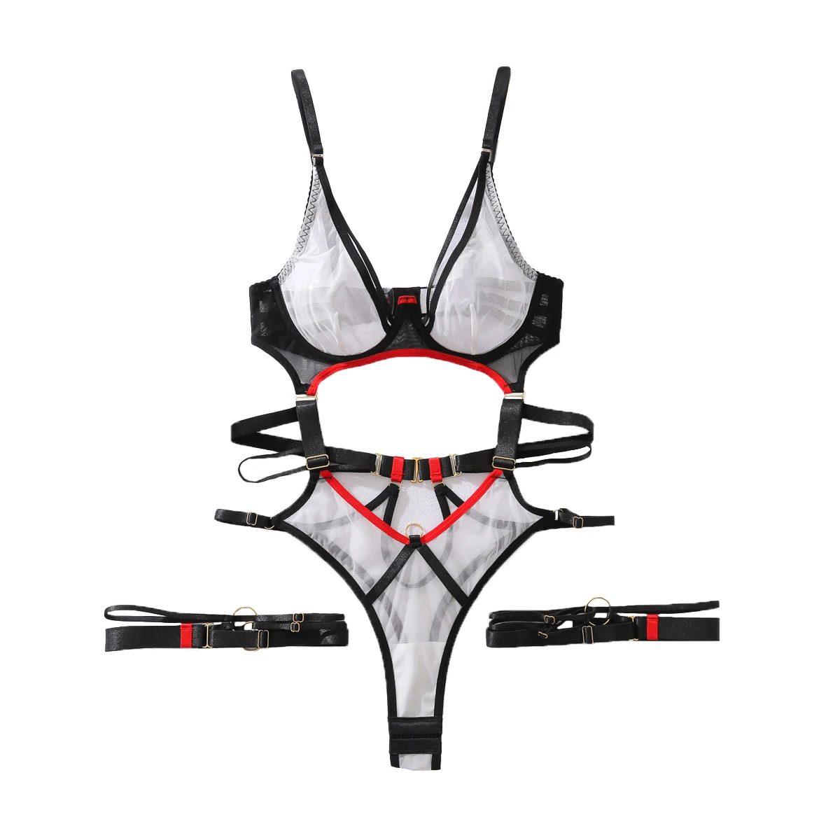 

2026 summer contrasting thin mesh steel support gathered hollow sexy jumpsuit with leg rings