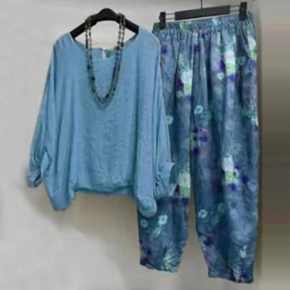 Autumn Blouse Pants Set Casual Long Sleeves Crew Neck Loose Flower Print Plus Size Elastic Waist Lady Tops Trousers Suit