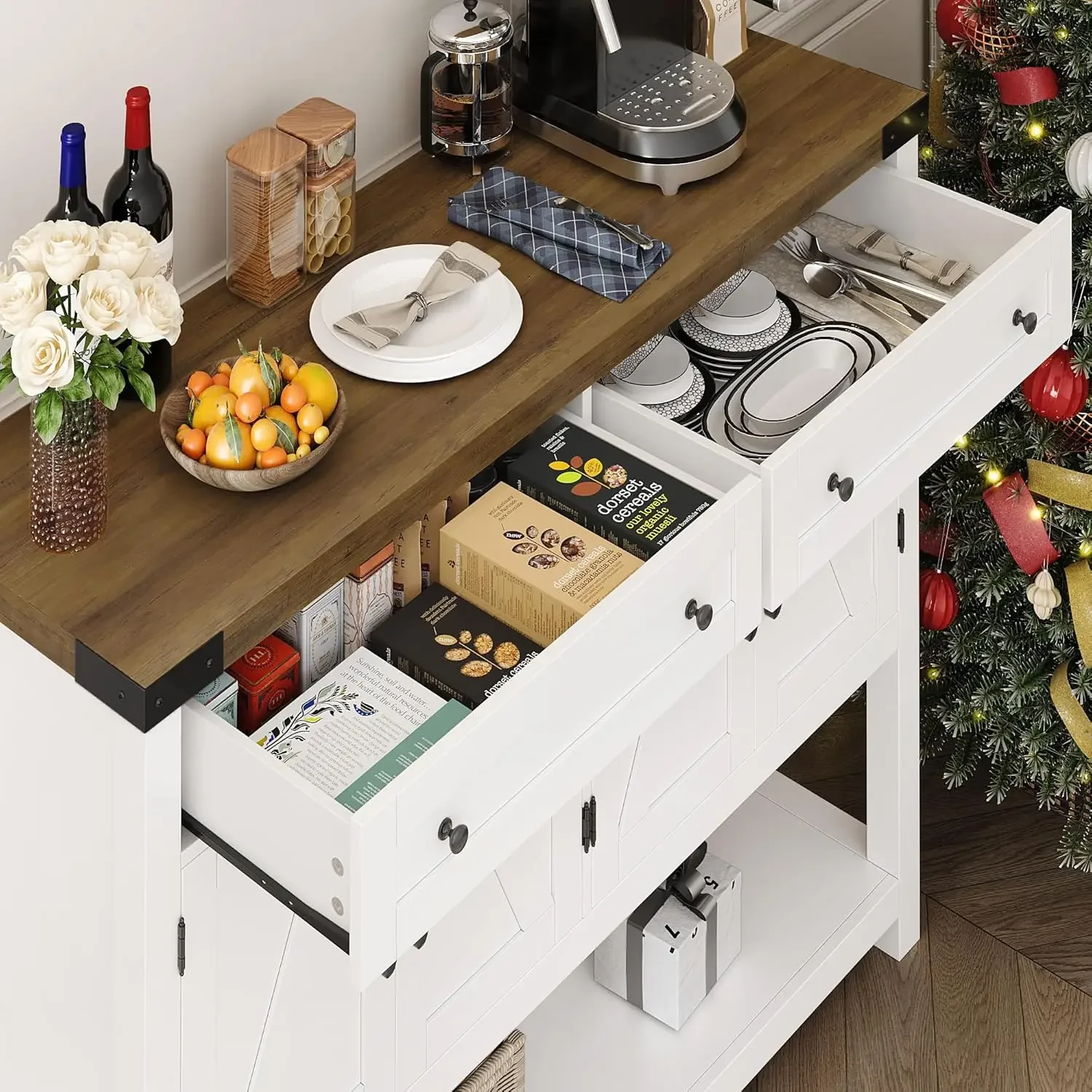 Hostack Buffet Side board Schrank mit Stauraum, 47.2 "moderne Bauernhaus Kaffee bar mit 2 Schubladen, Scheunentore Konsolen tisch