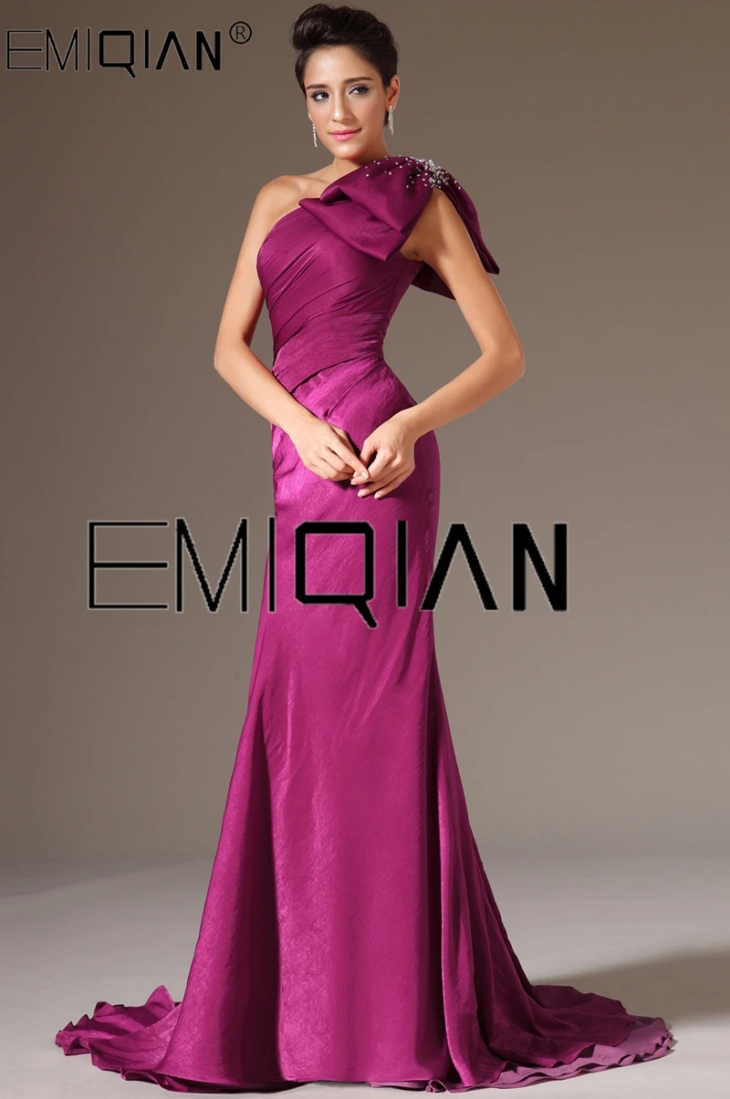 New Stylish One Shoulder Evening Gown Plum Mermaid Evening Dresses with big Bow