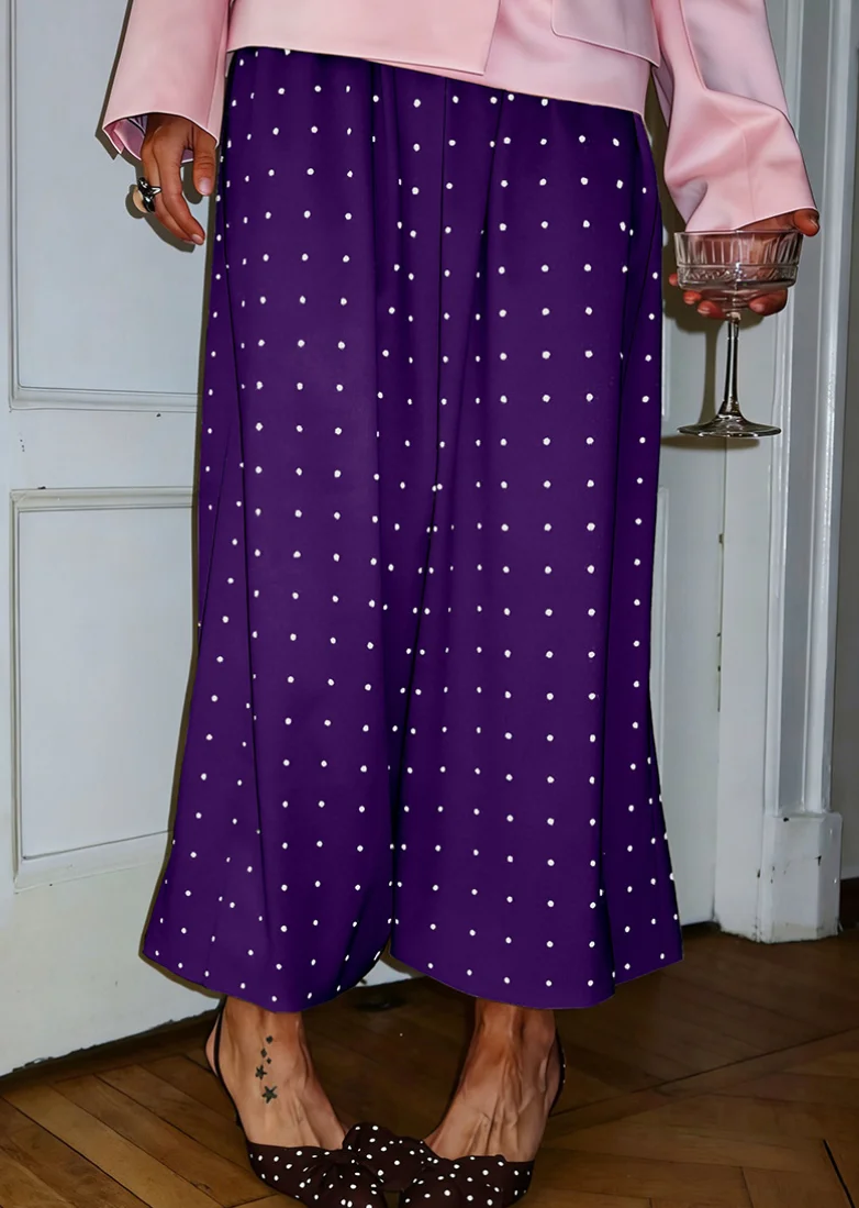 Women Purple Satin White Polka Dot Jogger Pants Elastic High Waist Cuffed Balloon Trousers Elegant Party Loose Harem Pants