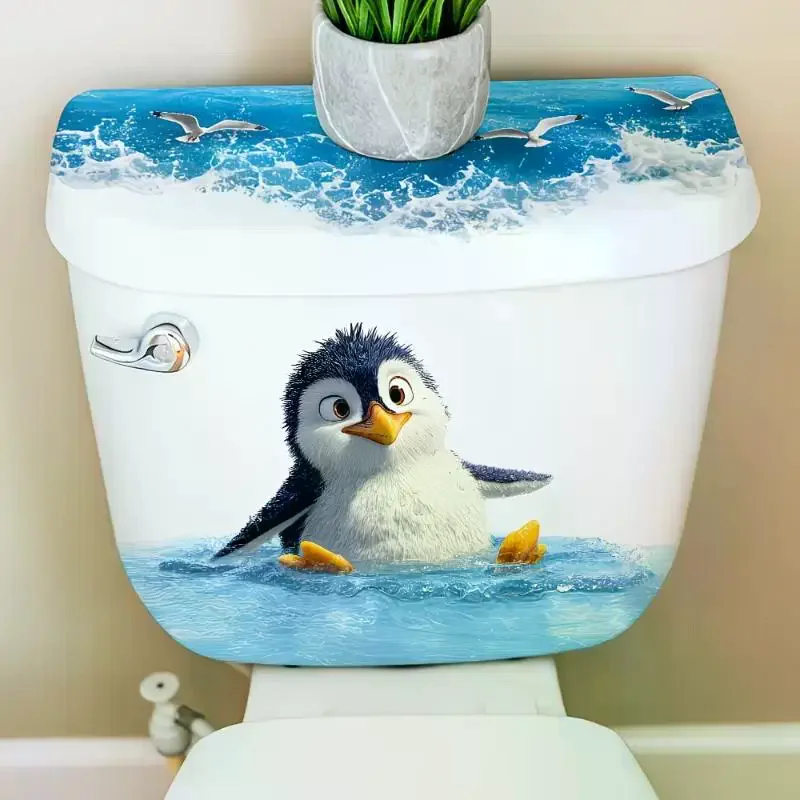 Cute Swimming Penguin Toilet Lid Tank Sticker: Waterproof Bathroom Wall Self-Adhesive Removable Decals