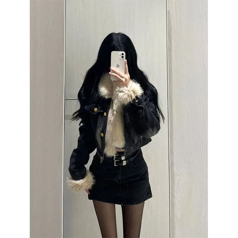 Denim jas hoody bont pluche dames herfst grunge bijgesneden standneck minimalistische stedelijke sociale verzamelen geborduurde gewatteerde jassen