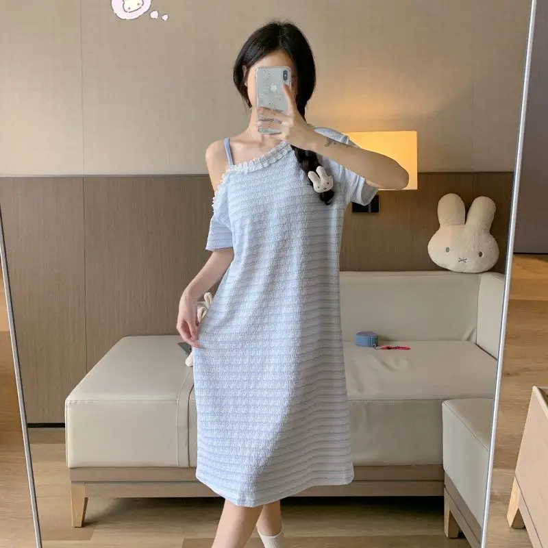 2026 Summer Short Sleeve Off Shoulder Cotton Nightgowns for Women Korean Cute Lace Sleepwear Night Dress Nightdress Home Nighty