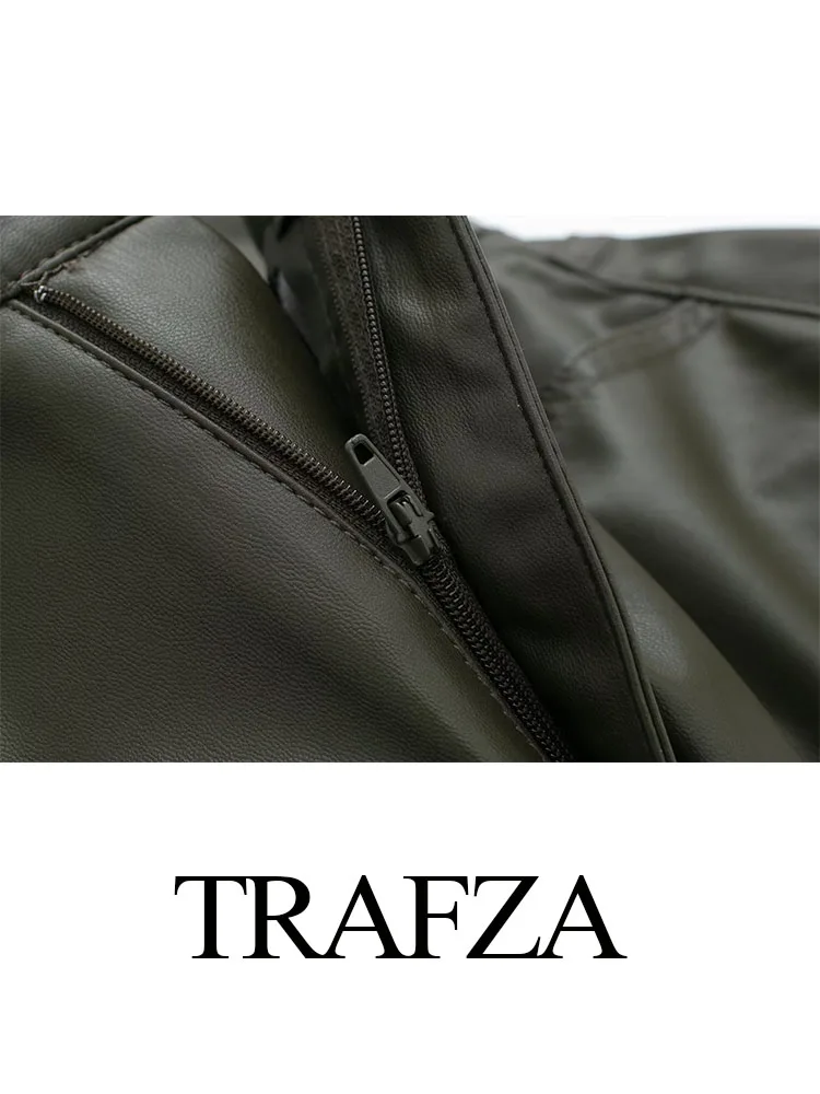 Imagem -05 - Trafza-calça Casual de Couro Sintético para Mulheres Streetwear de Cintura Alta Bolsos Laterais Vintage Perna Larga Zíper Monocromático 2023