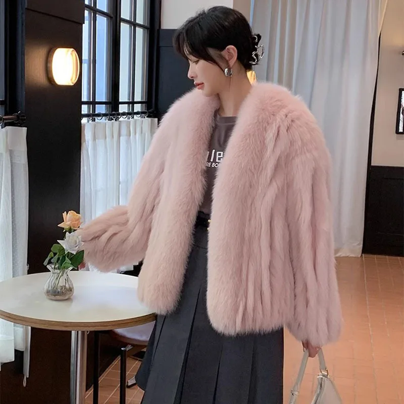 2023 Winter Fox Fur Women's Jacket Medium and Long Fashion Soft Warm Solid Color Embellishment Fresh O-neck Long Sleeve Real Fur