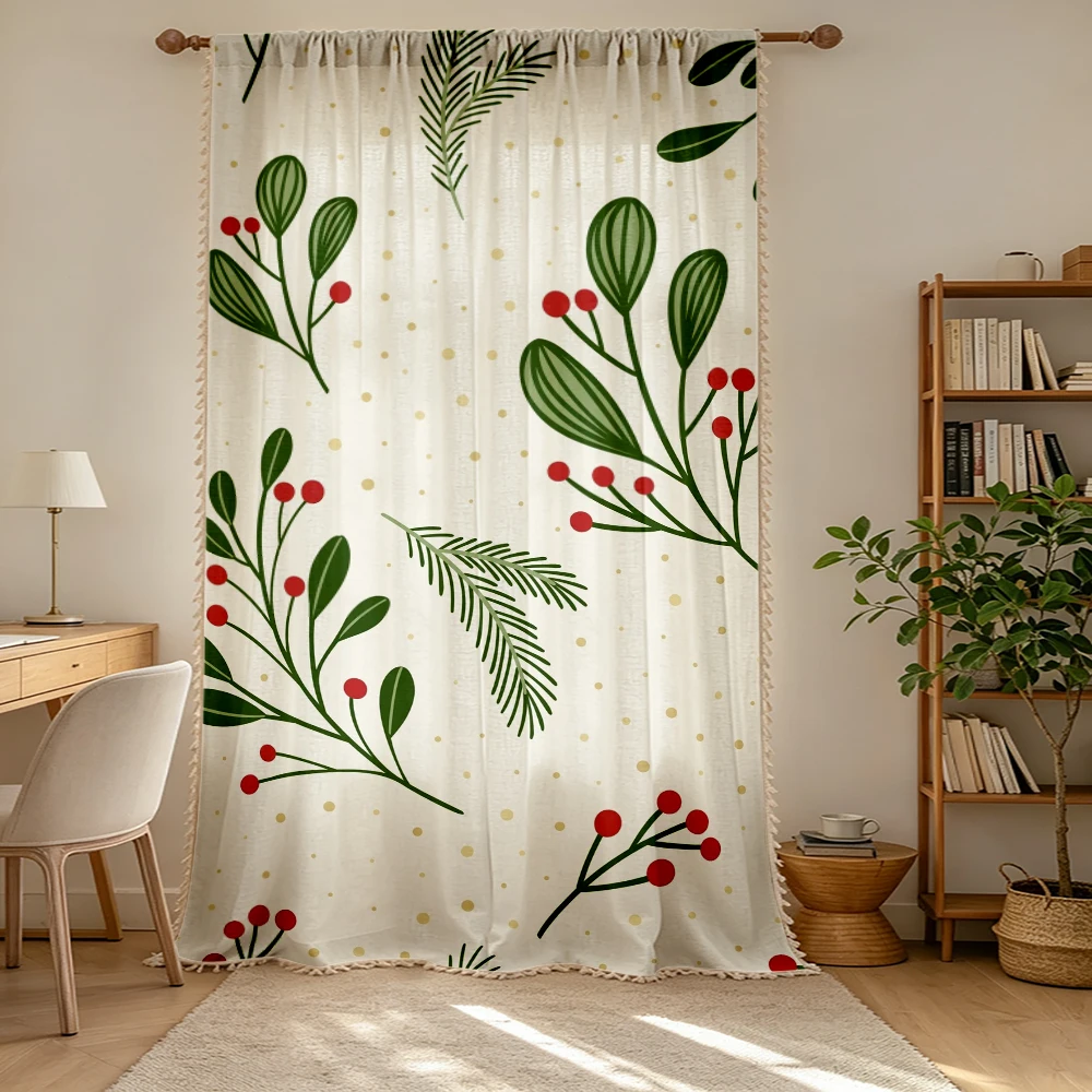 1PC Christmas Winter Tassel Sheer Curtains, Branch Berry Mistletoe, Digital Print, Linen Polyester, Bedroom, Home Decor