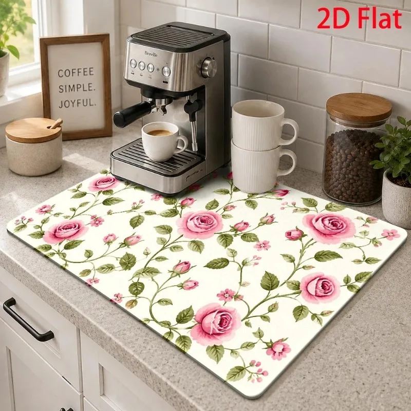 Kitchen Drainage Mat 2D Flat Cute Cats Animal Printed Pad Super Absorbent Tableware Drying Cushion Coffee Maker Rug