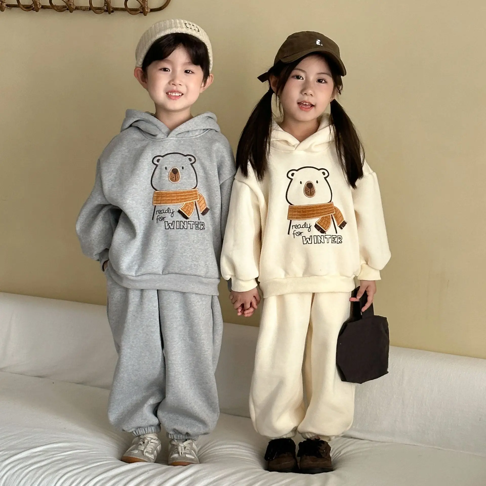 

2025 Winter New Children Long Sleeve Clothes Set Plus Velvet Thick Boys Girls Cartoon Hooded Sweatshirt Suit Kids Fleece Outfits