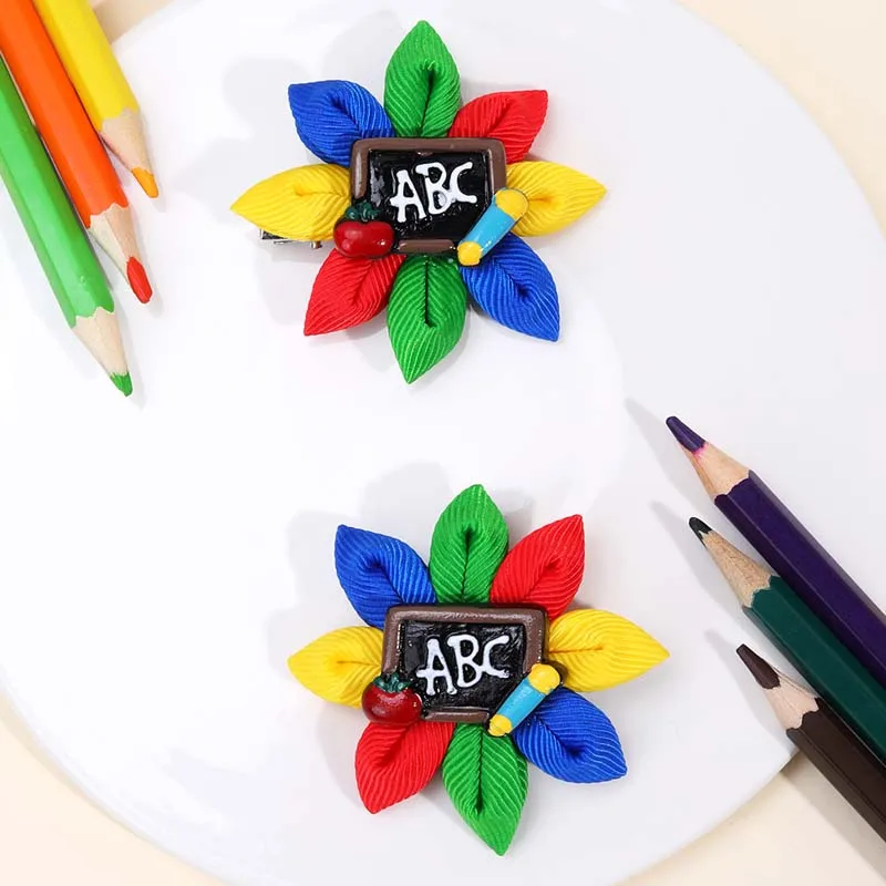 ncmama 2Pcs ABC Letter Print Hairpin Flower Hair Clip for Kids Girls Handmade Flower Barrettes Back To School Hair Accessories