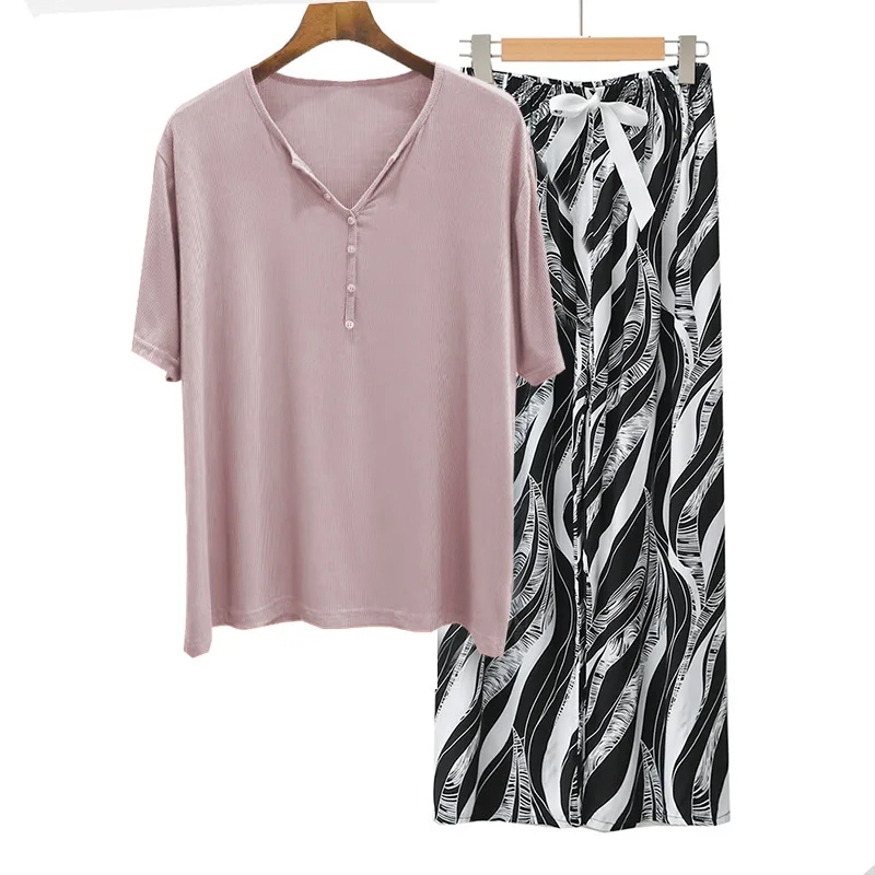 

Women's Sleepwear Spring And Summer Pajamas Sets Threaded Knitted V-neck Short-sleeved Tops Pant Suit Loose Woman Home Clothes