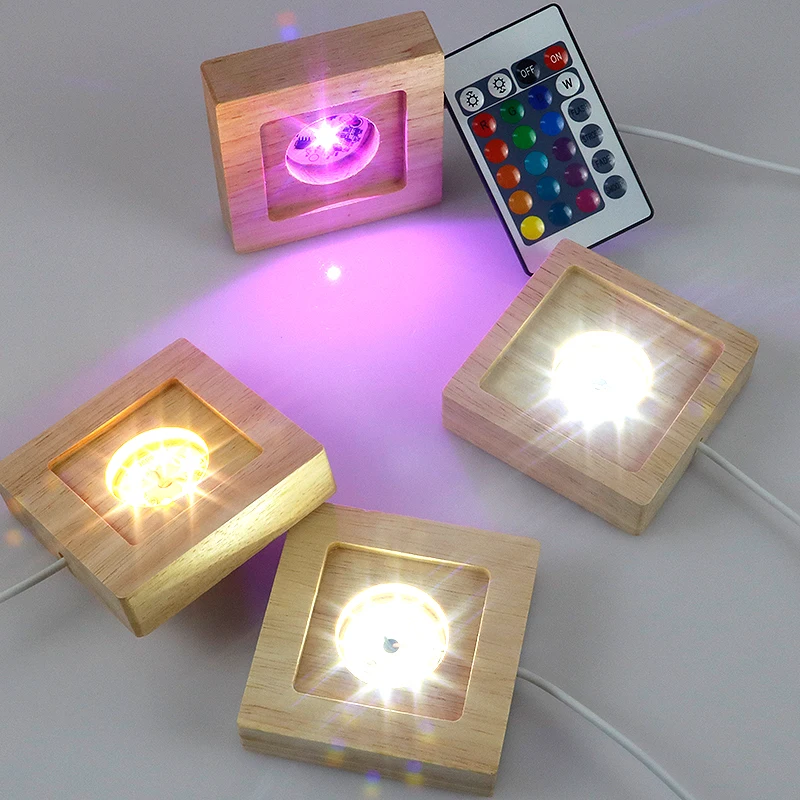 

7 Color Light Square LED Lights Wooden Lighted Base Stand Lasers Crystal Glass DIY Night Lighted Base Resin Art Ornament
