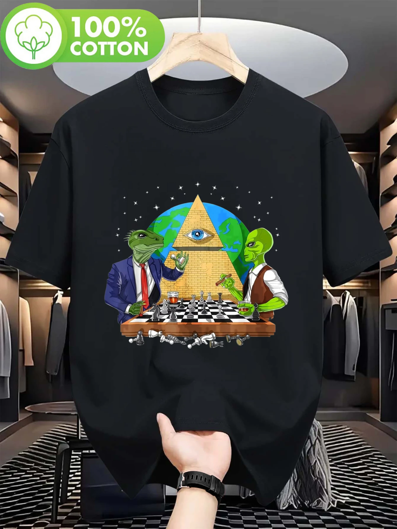 Men's Illuminati Alien Conspiracy Theory T-shirt - Full Sight Eye and Green Alien Doll Pattern, UFO Political Activity Costume