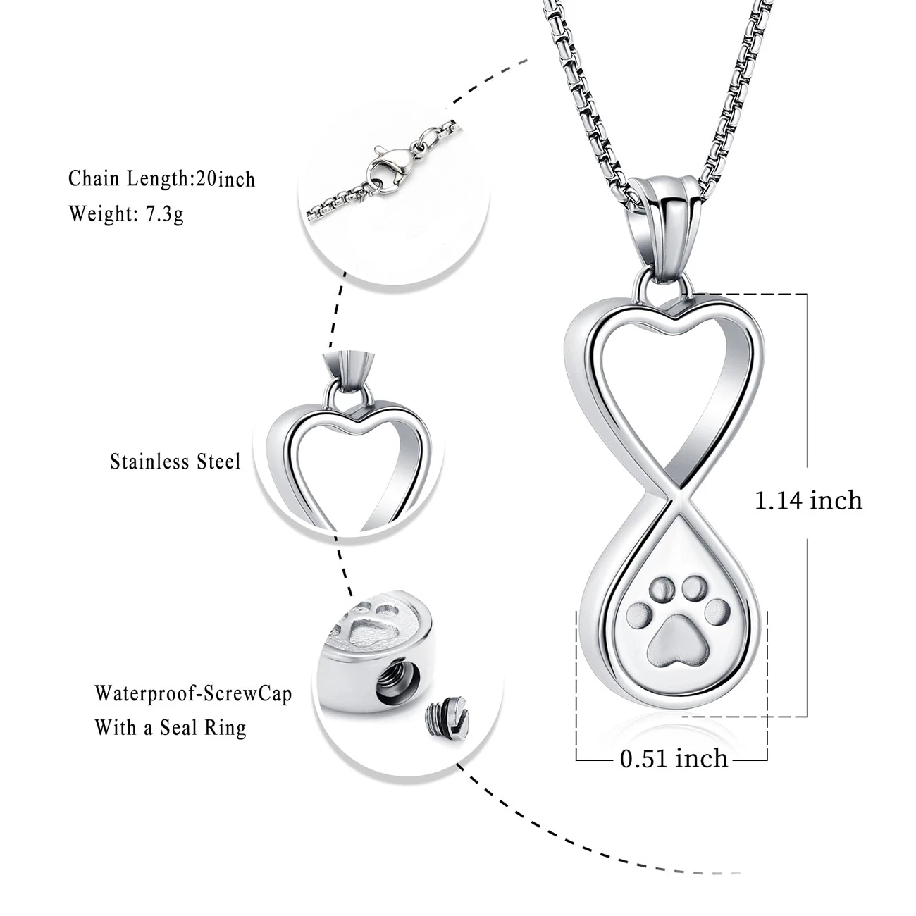 Infinity Love Pfotenabdruck Urnen-Schmuck für die Asche von Hund/Katze, Gedenk-Andenken, Urnen-Halskette, Anhänger, Gedenkstahl-Schmuck – Detail 2