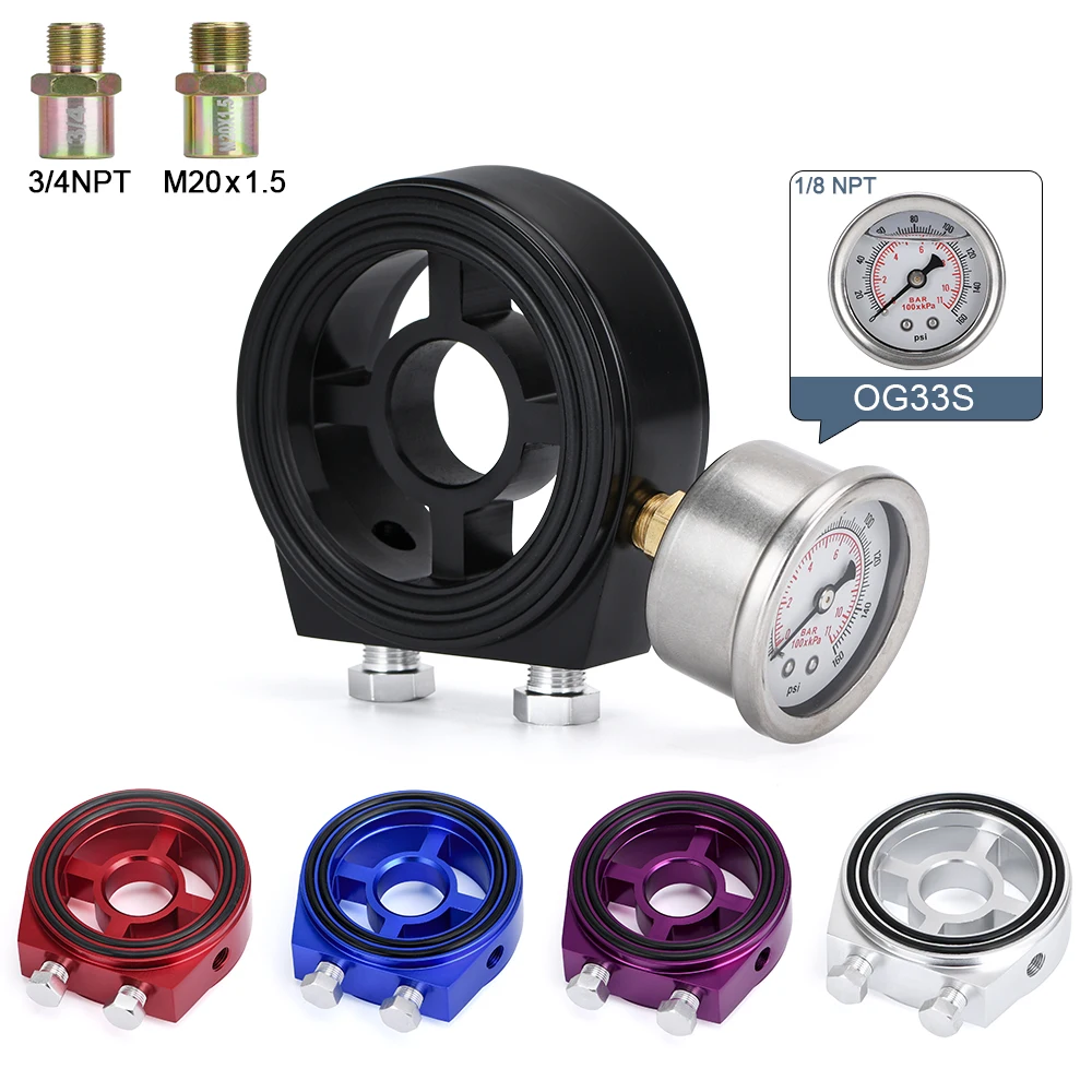 VR - Racing M20X1.5 3/4-16 1/8 NPT Aluminum Oil Pressure Gauge Oil Filter Sandwich Adapter Car Accessories VR6722