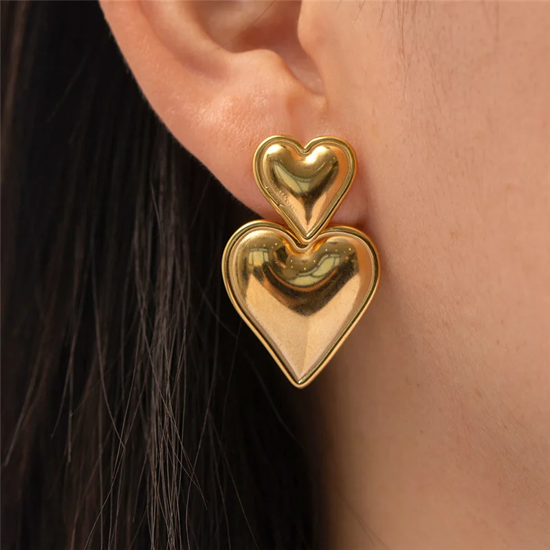 Double Heart Shaped Earrings for Women, Gold Plated, Smooth Metal Jewelry, Luxury Party Gift, Trendy