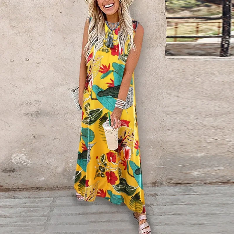 Vintage Print Long Dress Women Summer Sleeveless Maxi Dresses For Women Casual Beach Holiday Dress Boho