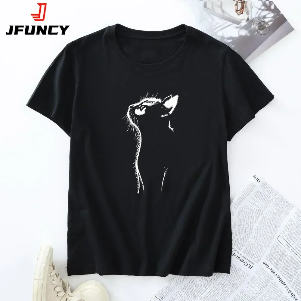 Camiseta de talla grande para mujer, camisetas de manga corta 100% de algodón, ropa de verano para mujer, camisetas con estampado de gato, camiseta para mujer