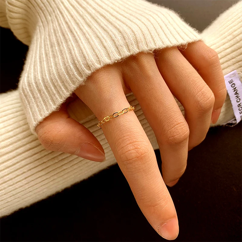 Fashionable and Simple Authentic S925 Sterling Silver 14K Gold Interlocking Chain Ring Creative Personality