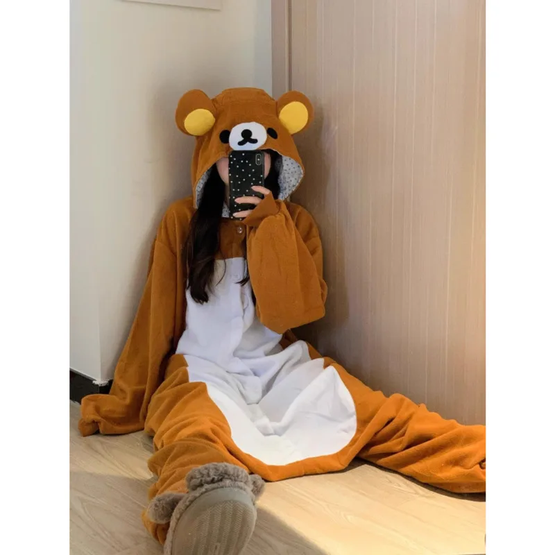 Rilakkuma Onesie Pajamas Cute Bear Embroidered Pajamas Stylish Women\'s Autumn And Winter Hooded Warm Jacket New Cartoon Pajamas