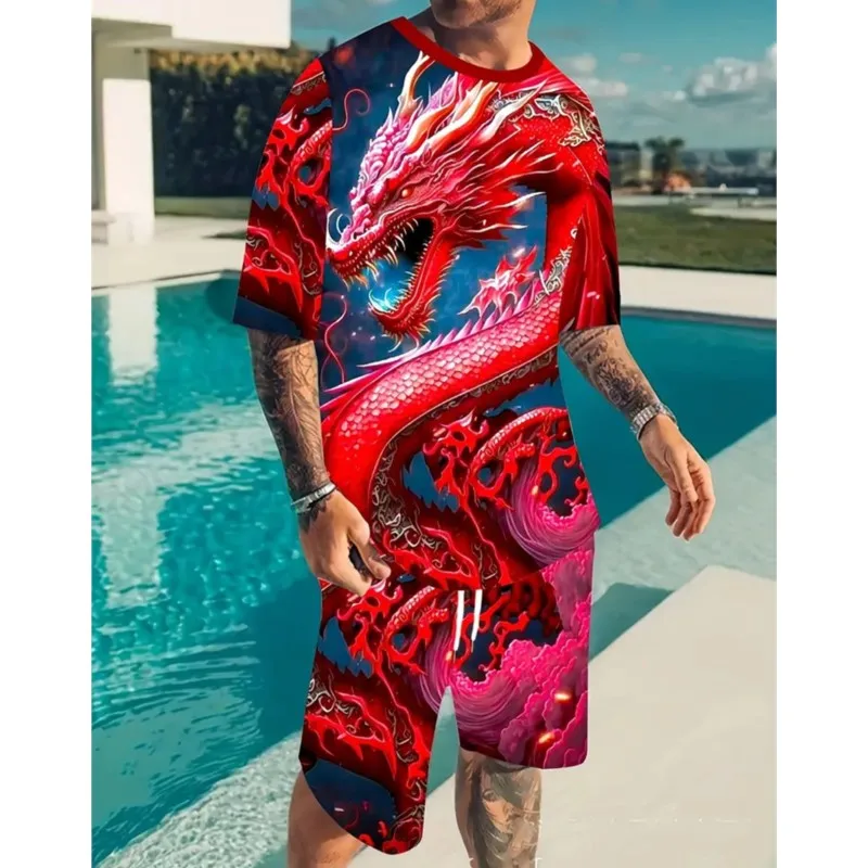 2025 Summer Men's Casual Home Suit 3D Lion Vintage Printed Round Neck Short Sleeve Shorts 2 Piece Drawstring Shorts Party Set