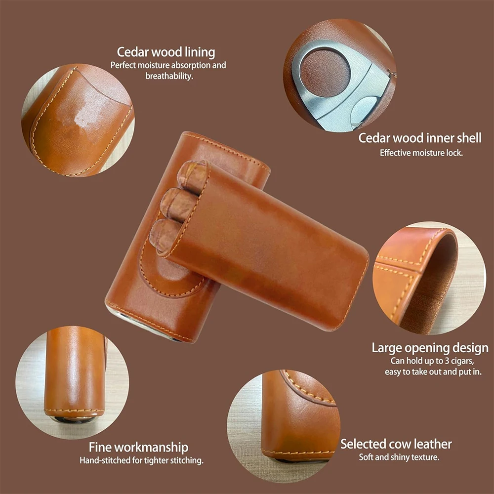 LMETJMA 3-Finger Leather Cigar Case with Cigar Cutter Portable Travel Cigar Holder Case Premium Cigar Carrying Case JT317