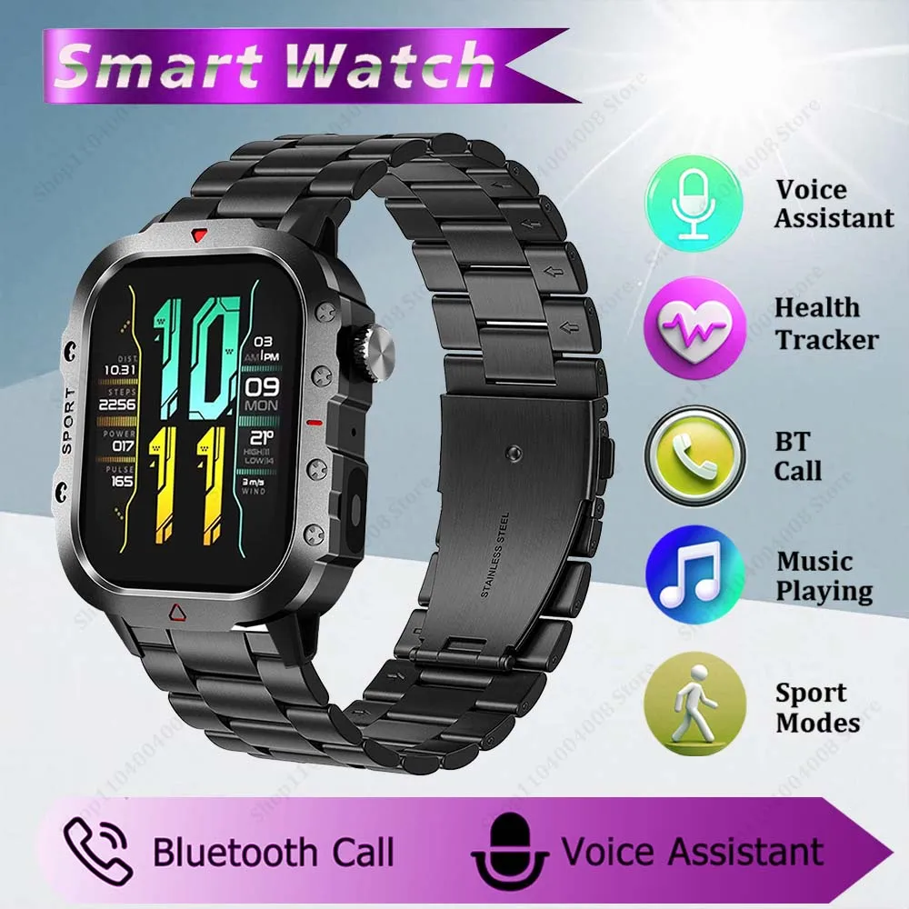 ساعة ذكية عسكرية خارجية للرجال 2.01 HD مراقبة الصحة BT Call Diy Faces مصباح يدوي شحن لاسلكي ساعات متعددة الوظائف