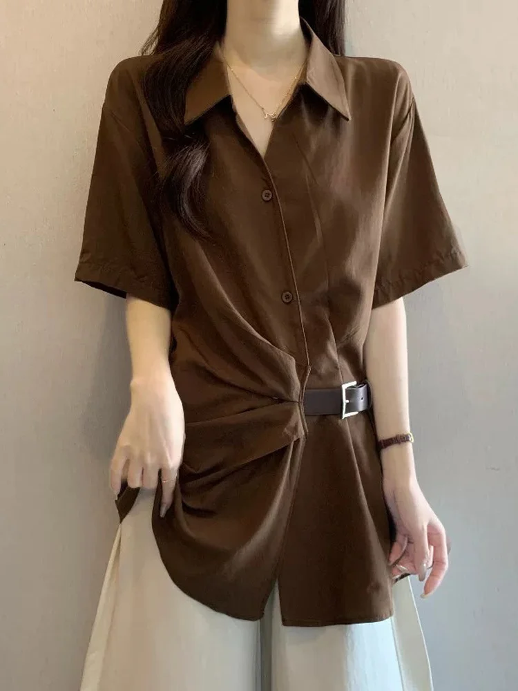 

Elegant Coffee Short Sleeve Shirt V-Neck Women's Fashion Korean Style Loose Fit Commute Friendly Breathable Summer New Arrival