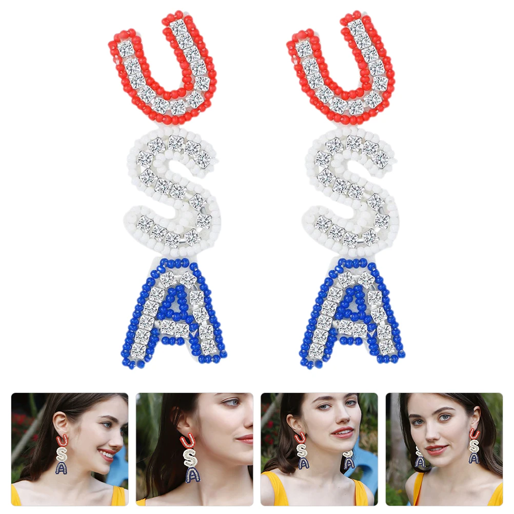 

1 Pair Usa Patriotic Beaded Dangle Women'S Hook Earrings Delicate Metal Rhinestone Ear Jewelry For Independence Day Festival