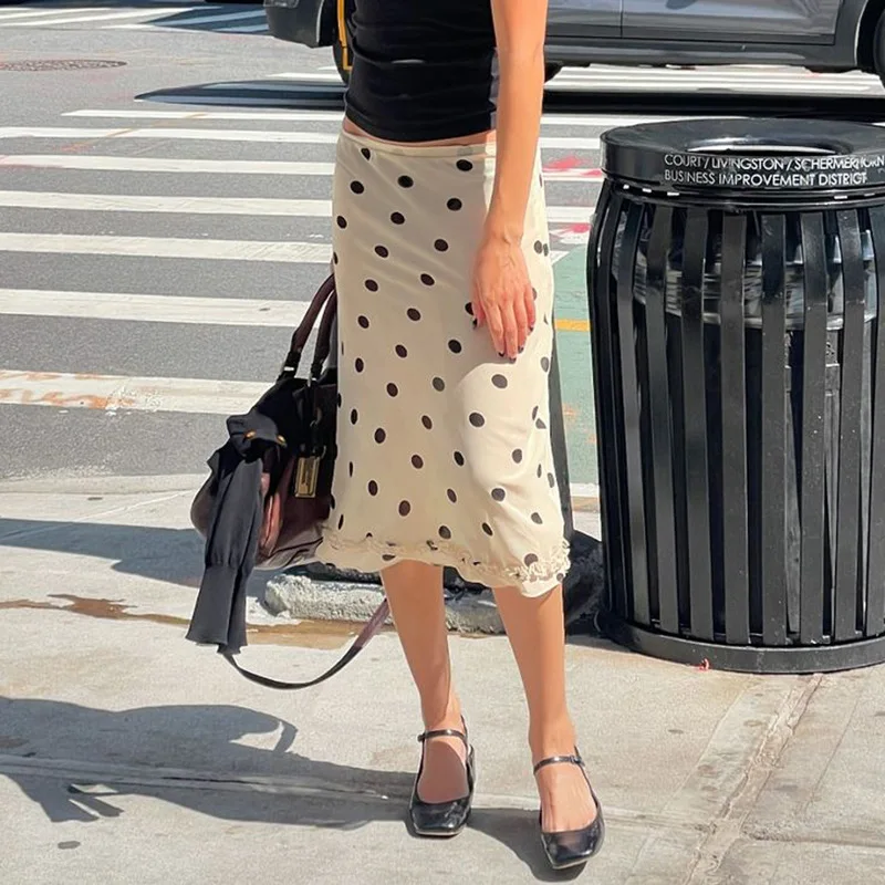 

Casual Women Polka Dot Skirts Lettuce Trim Beige Elegant Midi Skirts Streetwear Simple All-match Bottom Clothing Spring