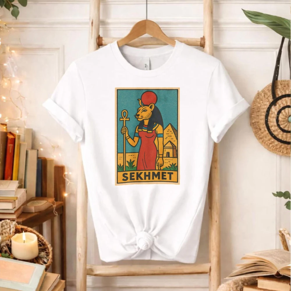 Vintage Tarot Card Sekhmet Lion Head Goddess Ankh Symbol Pyramid Graphic TShirt Ancient Egyptian Mythology Cotton Casual Tee